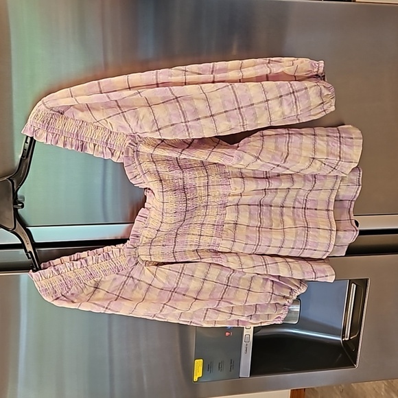 💕GANNI💕 Smocked Seersucker Plaid Top ~ Orchid Bloom Checked Print 44 EU NWT - Picture 12 of 16